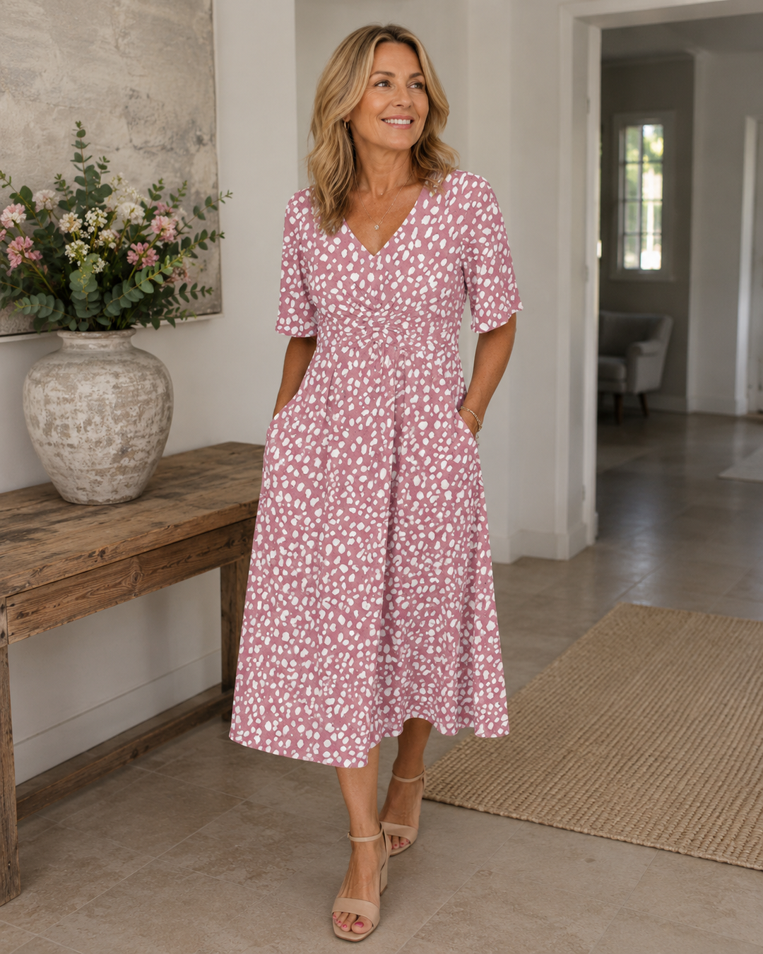 Women's Midi Dress with V Neckline and Polka Pattern