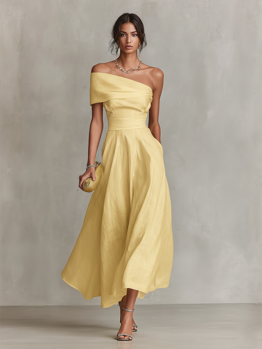 Women's Yellow One Shoulder Linen Midi Dress Wedding Guest – Robin & Cole Smith