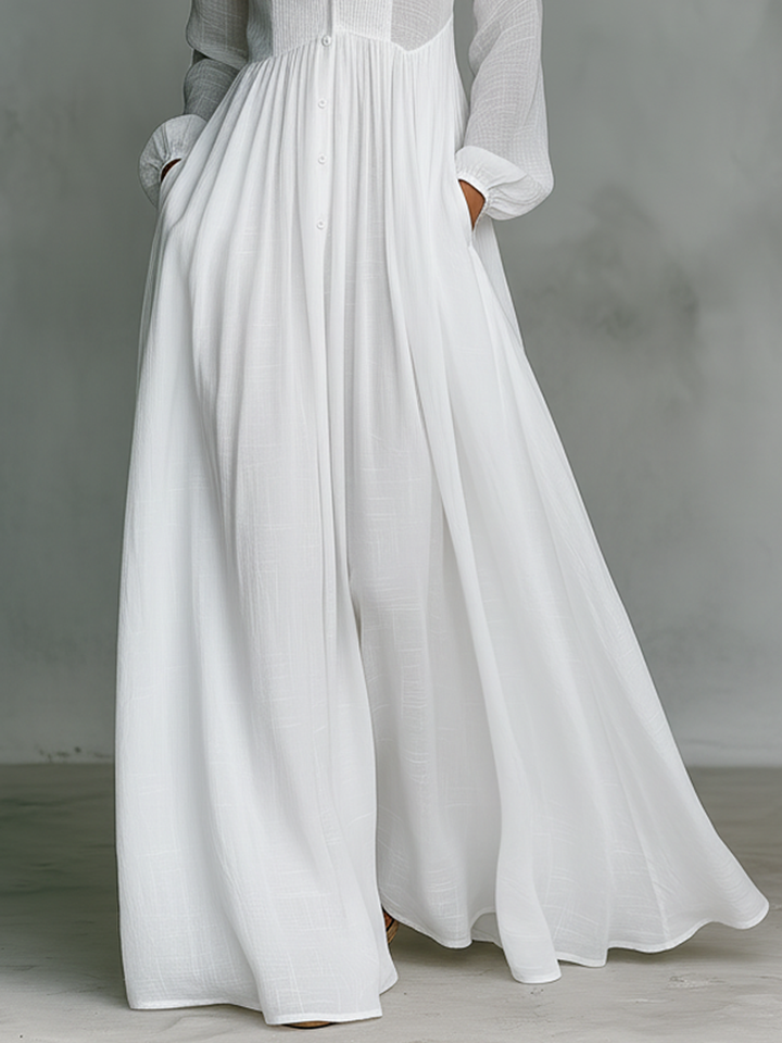 Women's Flowing Button-Front Maxi Dress with Long Sleeves and V-Neckline