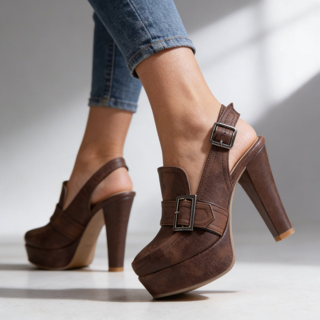 Women's Slingback Platform Block Heels Buckle Strap