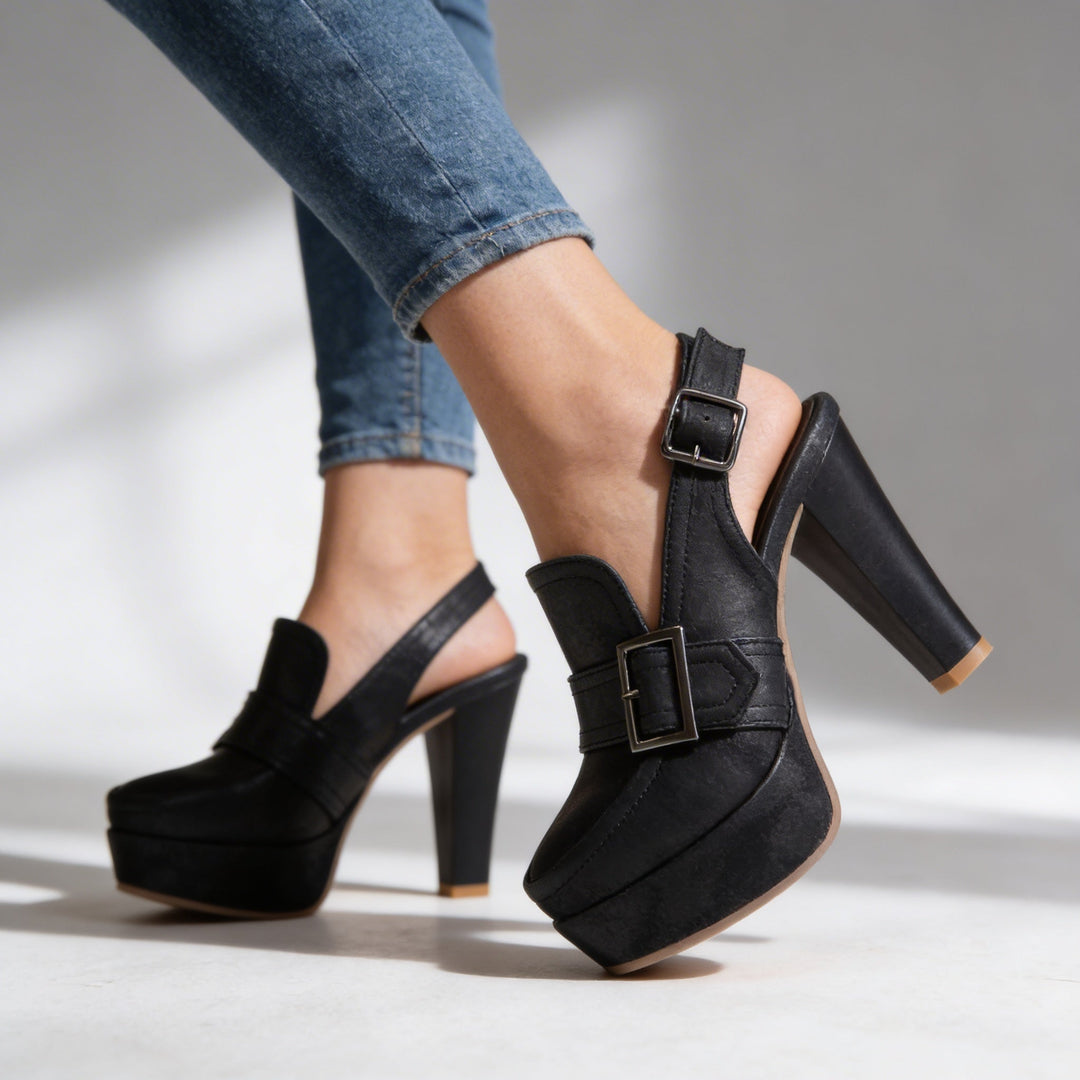 Women's Slingback Platform Block Heels Buckle Strap