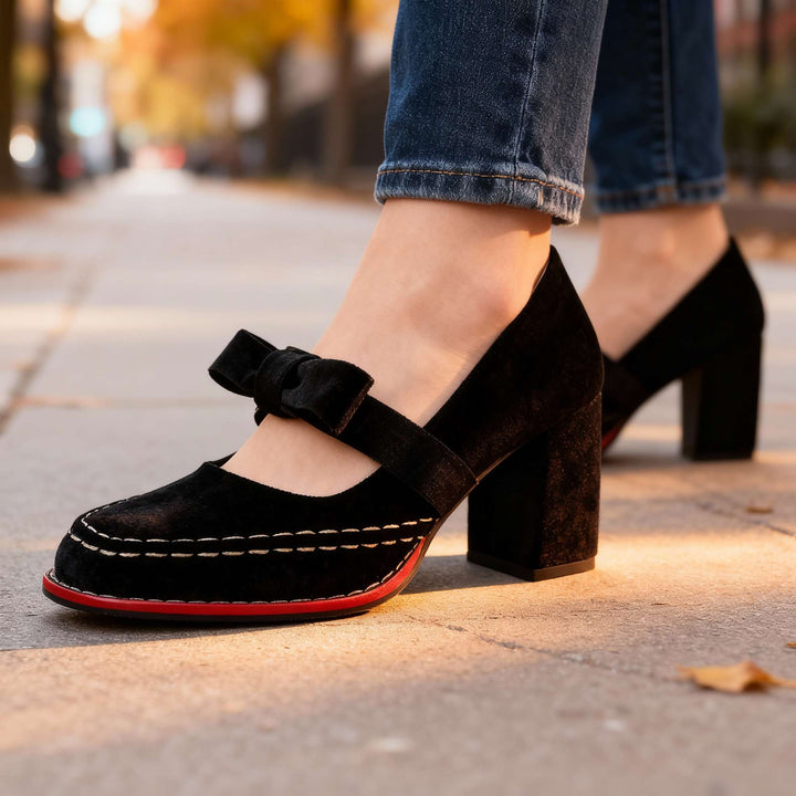 Women's Velvet Mary Jane Block Heel Shoes Bow Detail