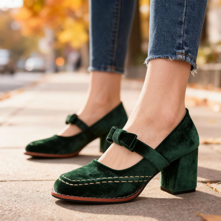 Women's Velvet Mary Jane Block Heel Shoes Bow Detail