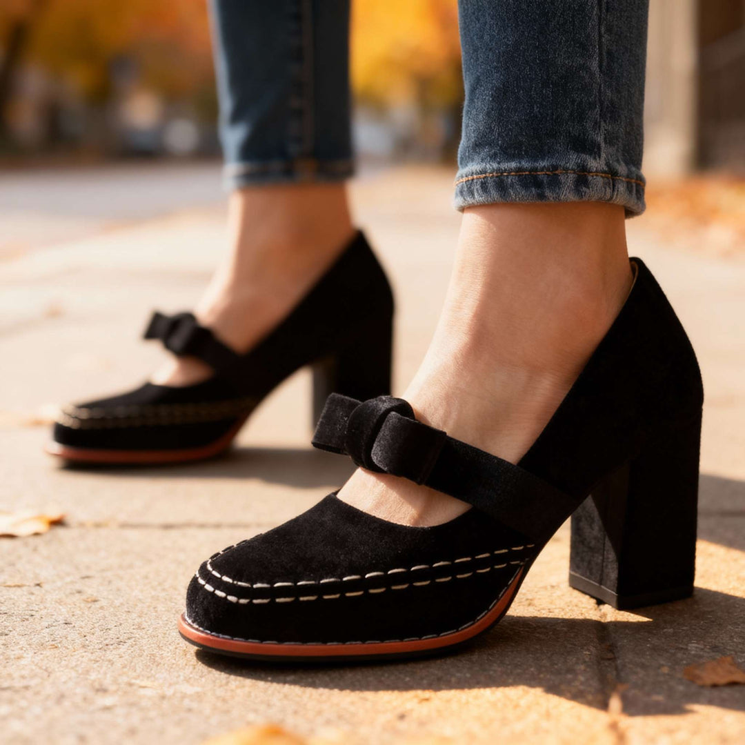 Women's Velvet Mary Jane Block Heel Shoes Bow Detail