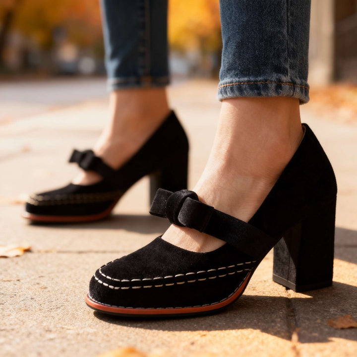 Women's Velvet Mary Jane Block Heel Shoes Bow Detail