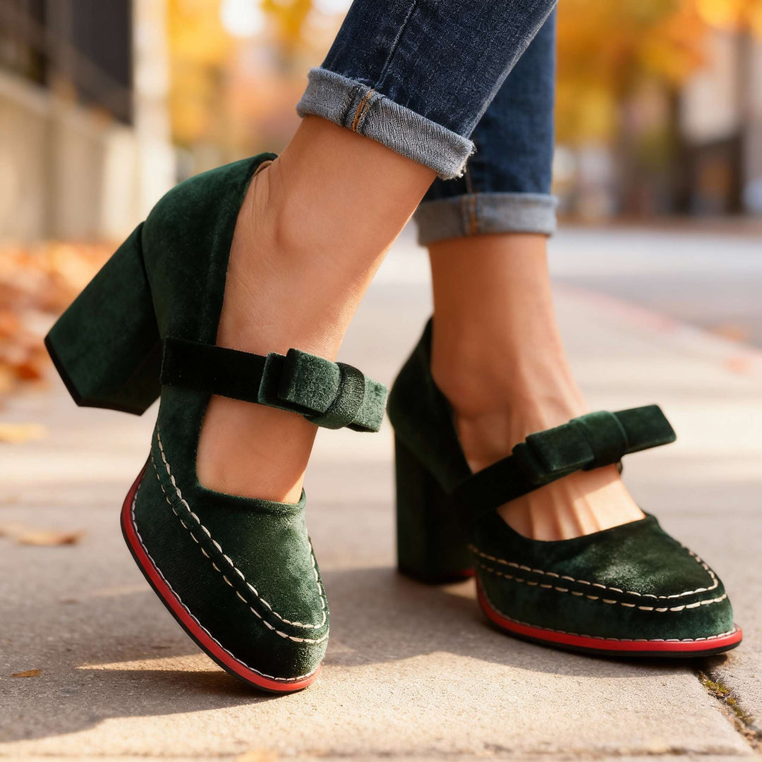 Women's Velvet Mary Jane Block Heel Shoes Bow Detail