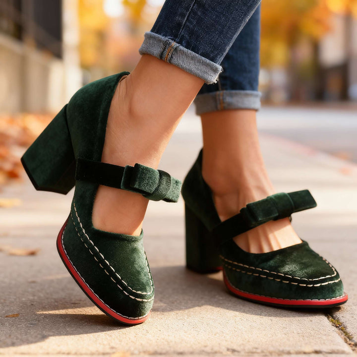 Women's Velvet Mary Jane Block Heel Shoes Bow Detail