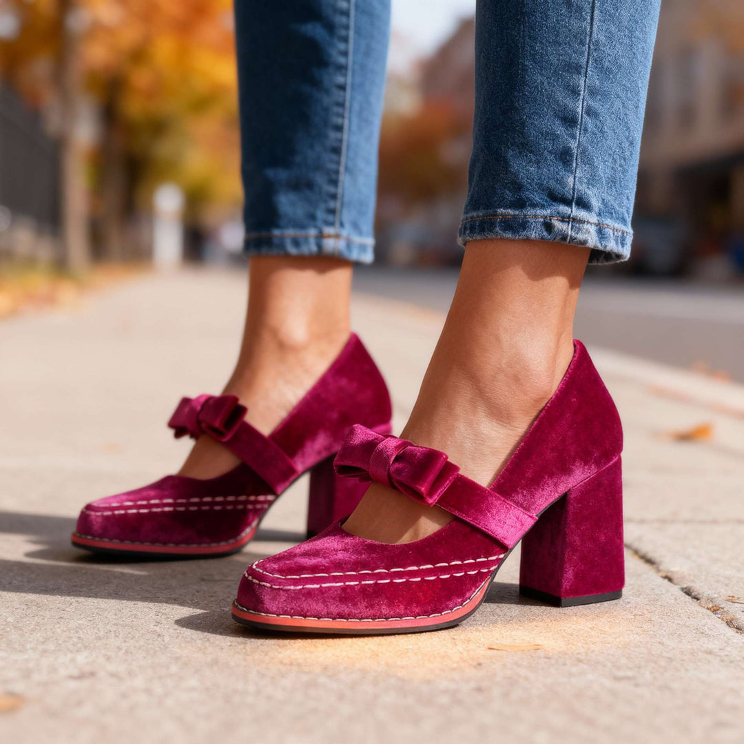 Women's Velvet Mary Jane Block Heel Shoes Bow Detail