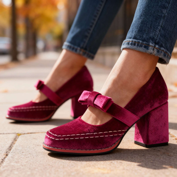 Women's Velvet Mary Jane Block Heel Shoes Bow Detail