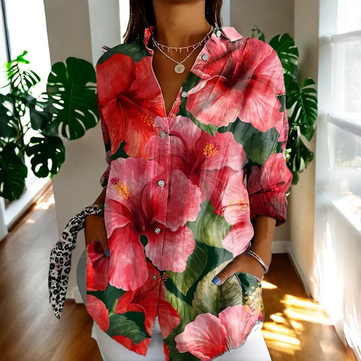 Women's Vintage Floral Print Point Collar Long Sleeve Button Blouse