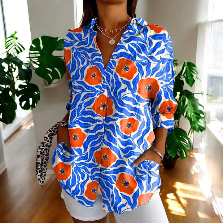 Women's Vintage Floral Print Point Collar Long Sleeve Button Blouse