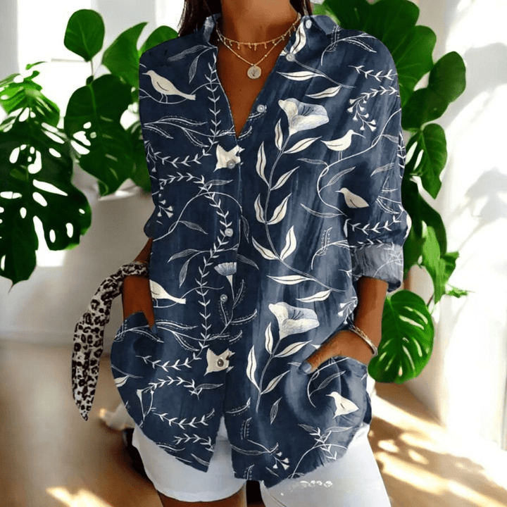 Women's Vintage Floral Print Point Collar Long Sleeve Button Blouse