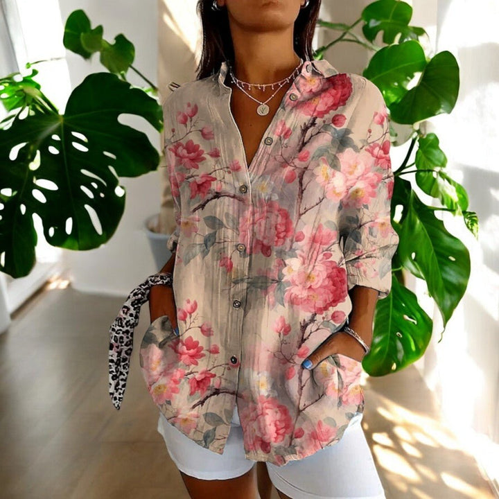 Women's Vintage Floral Print Point Collar Long Sleeve Button Blouse