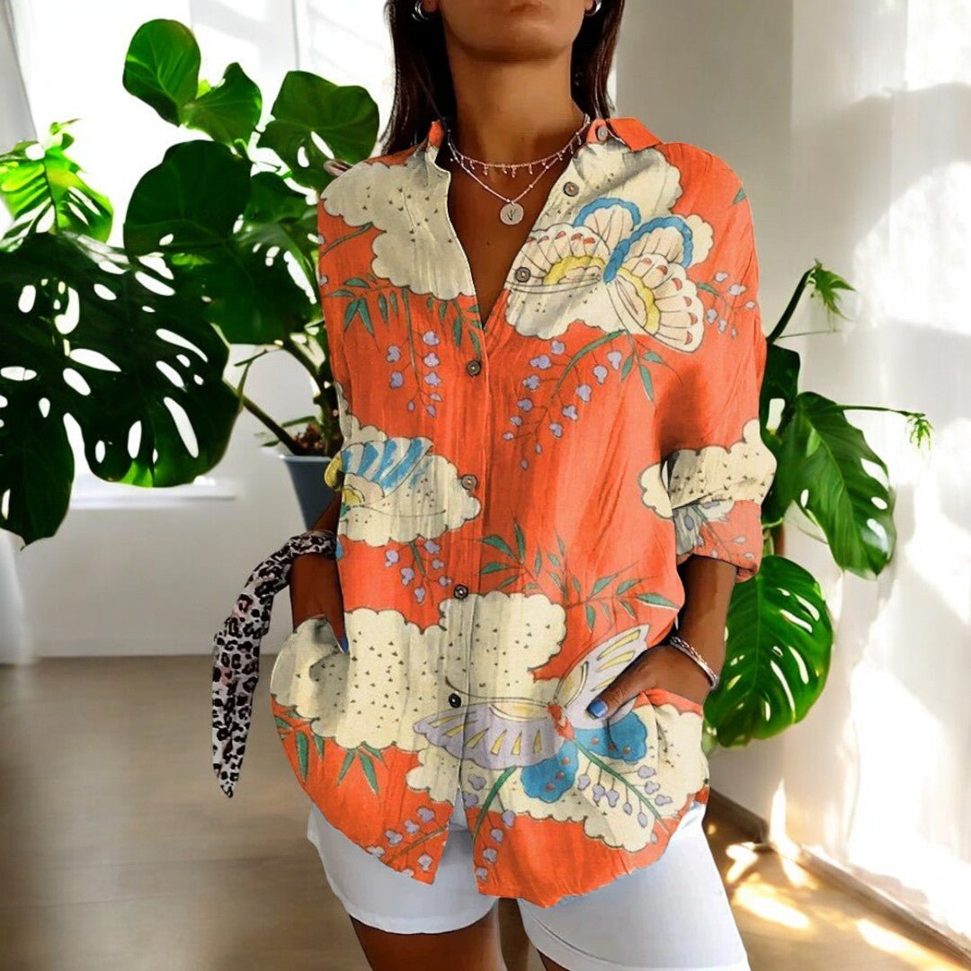 Women's Vintage Floral Print Point Collar Long Sleeve Button Blouse