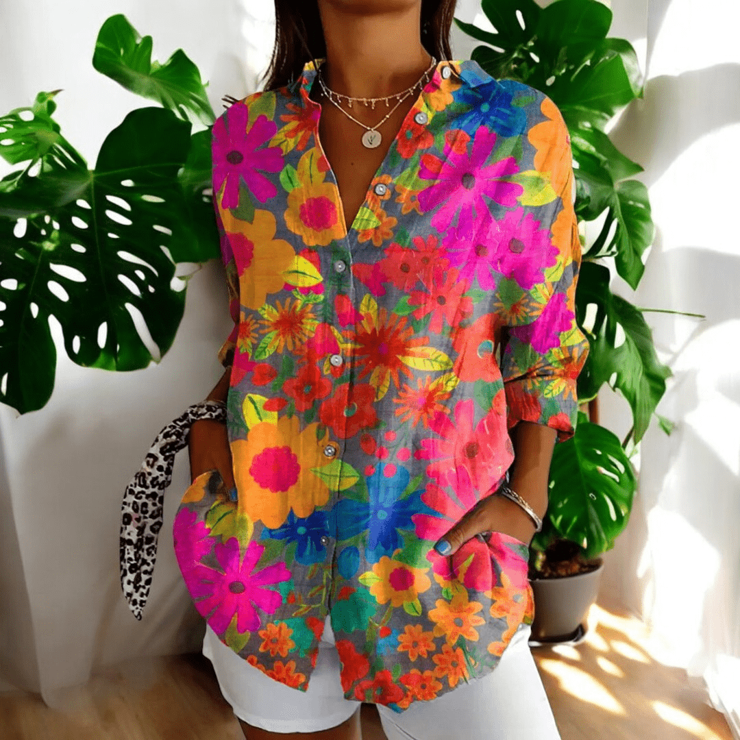 Women's Vintage Floral Print Point Collar Long Sleeve Button Blouse