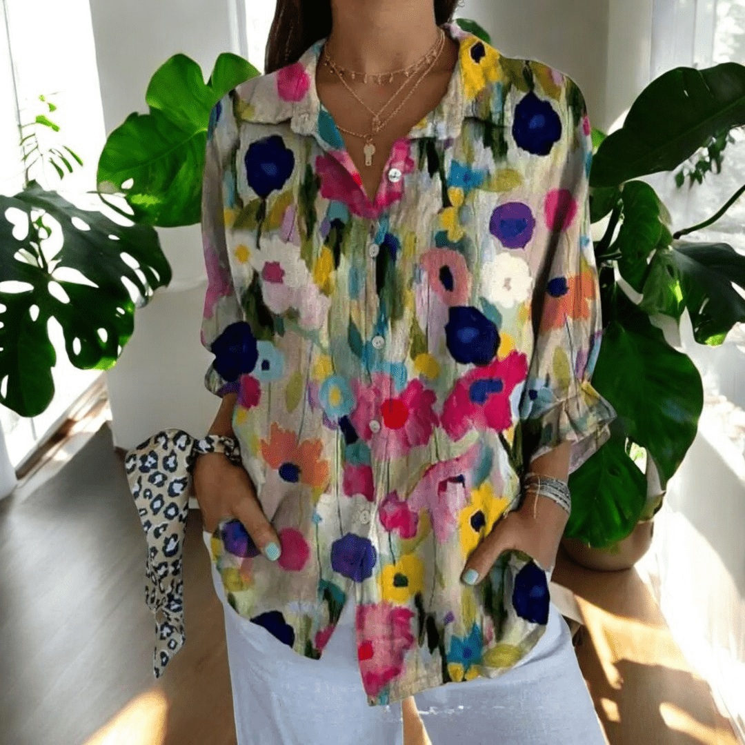 Women's Vintage Floral Print Point Collar Long Sleeve Button Blouse