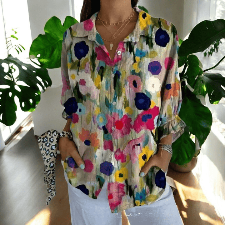 Women's Vintage Floral Print Point Collar Long Sleeve Button Blouse