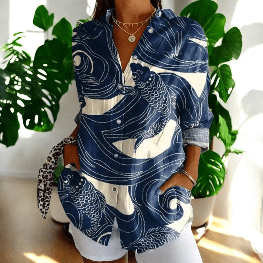 Women's Vintage Floral Print Point Collar Long Sleeve Button Blouse