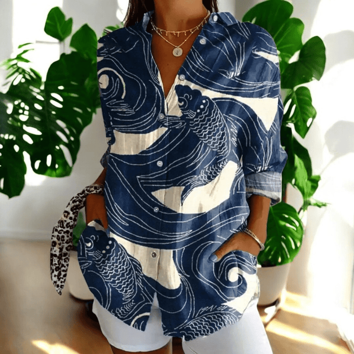 Women's Vintage Floral Print Point Collar Long Sleeve Button Blouse