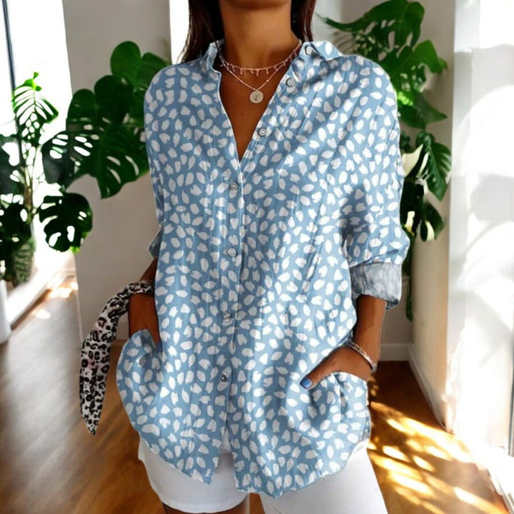 Women's Vintage Floral Print Point Collar Long Sleeve Button Blouse