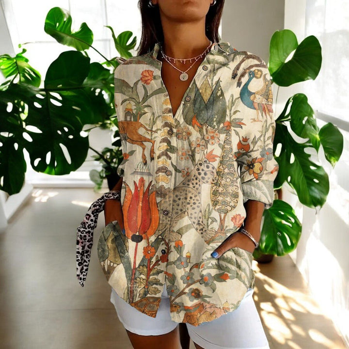 Women's Vintage Floral Print Point Collar Long Sleeve Button Blouse