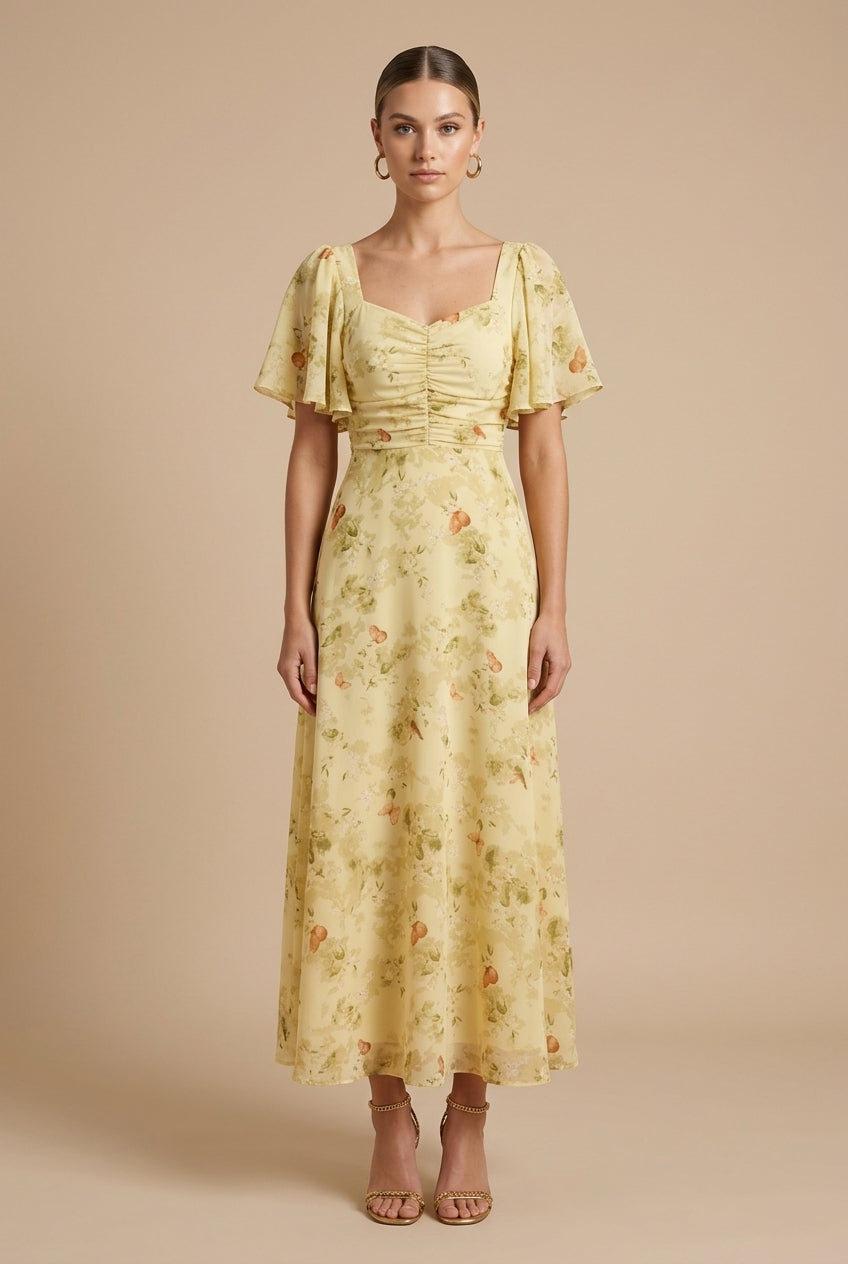 Women's Printed Floral Maxi Dress with Square Neck and Flutter Sleeves