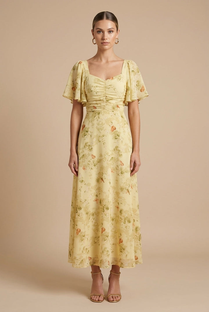 Women's Printed Floral Maxi Dress with Square Neck and Flutter Sleeves