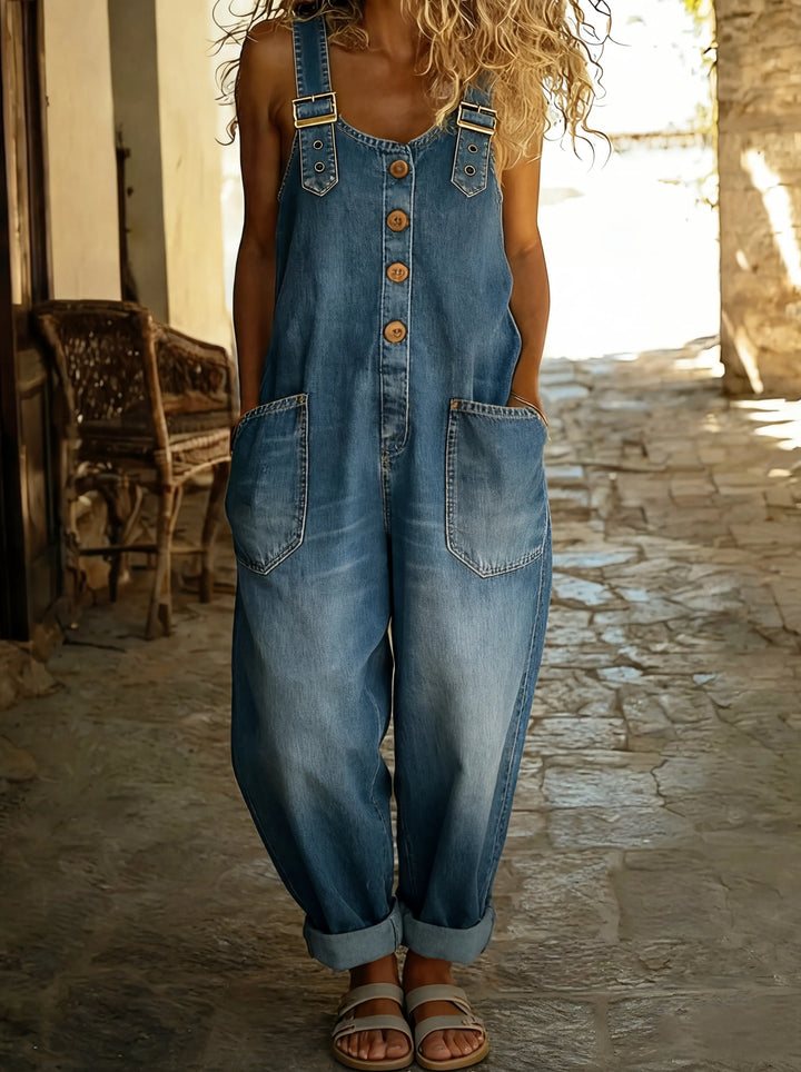 Women's Casual Denim Jumpsuit with Adjustable Buckle Straps and Pockets