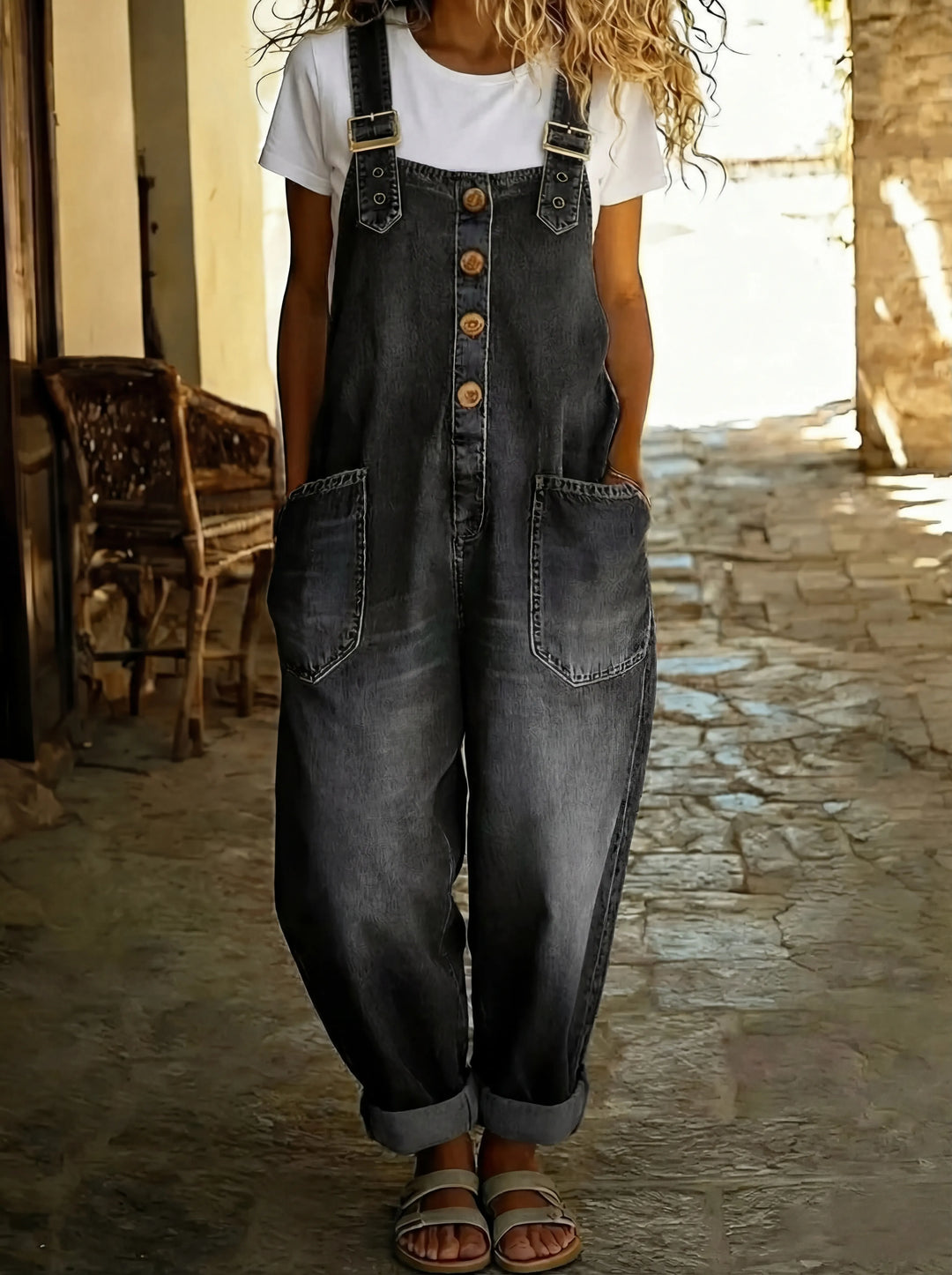 Women's Casual Denim Jumpsuit with Adjustable Buckle Straps and Pockets