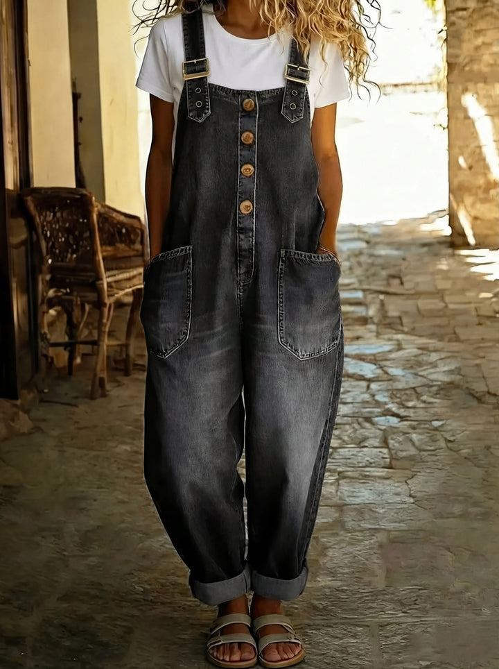 Women's Casual Denim Jumpsuit with Adjustable Buckle Straps and Pockets