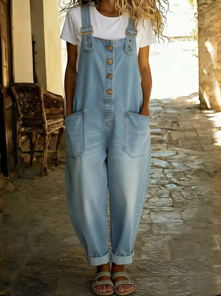 Women's Casual Denim Jumpsuit with Adjustable Buckle Straps and Pockets