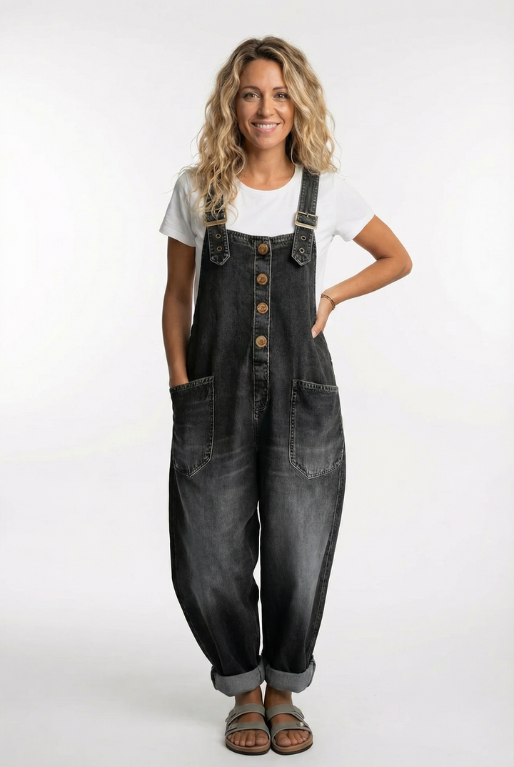 Women's Denim Dungarees Wide Leg Adjustable Strap Overalls
