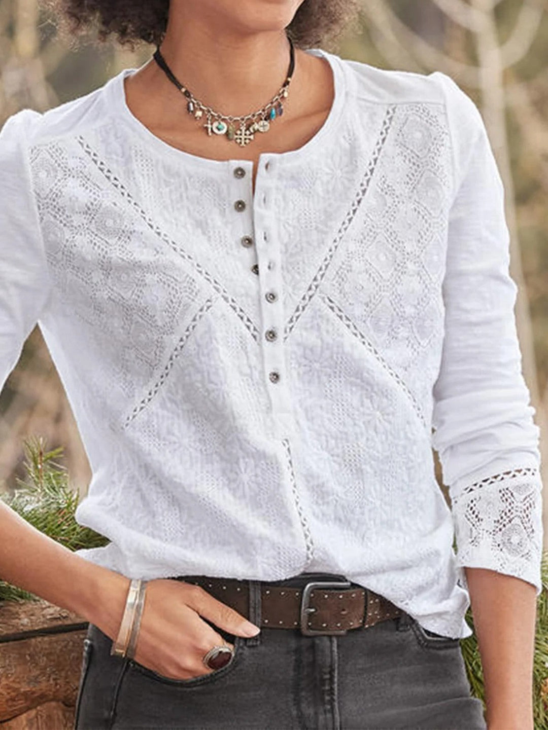 Women's Elegant Lace Panel Long Sleeve Button Crew Neck Top