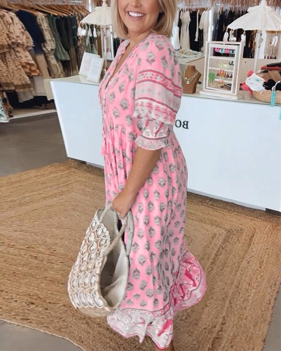 Women's Bohemian Print Midi Dress with Tummy Coverage