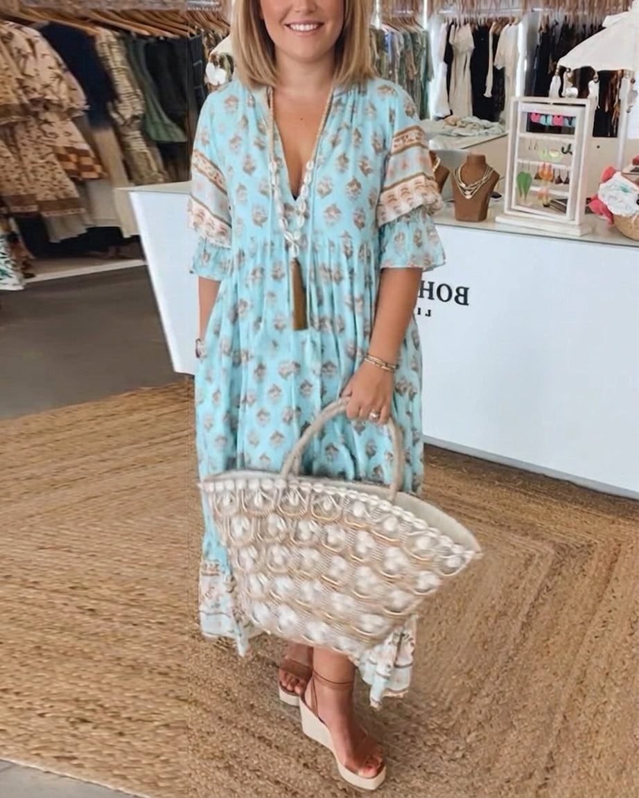 Women's Bohemian Print Midi Dress with Tummy Coverage