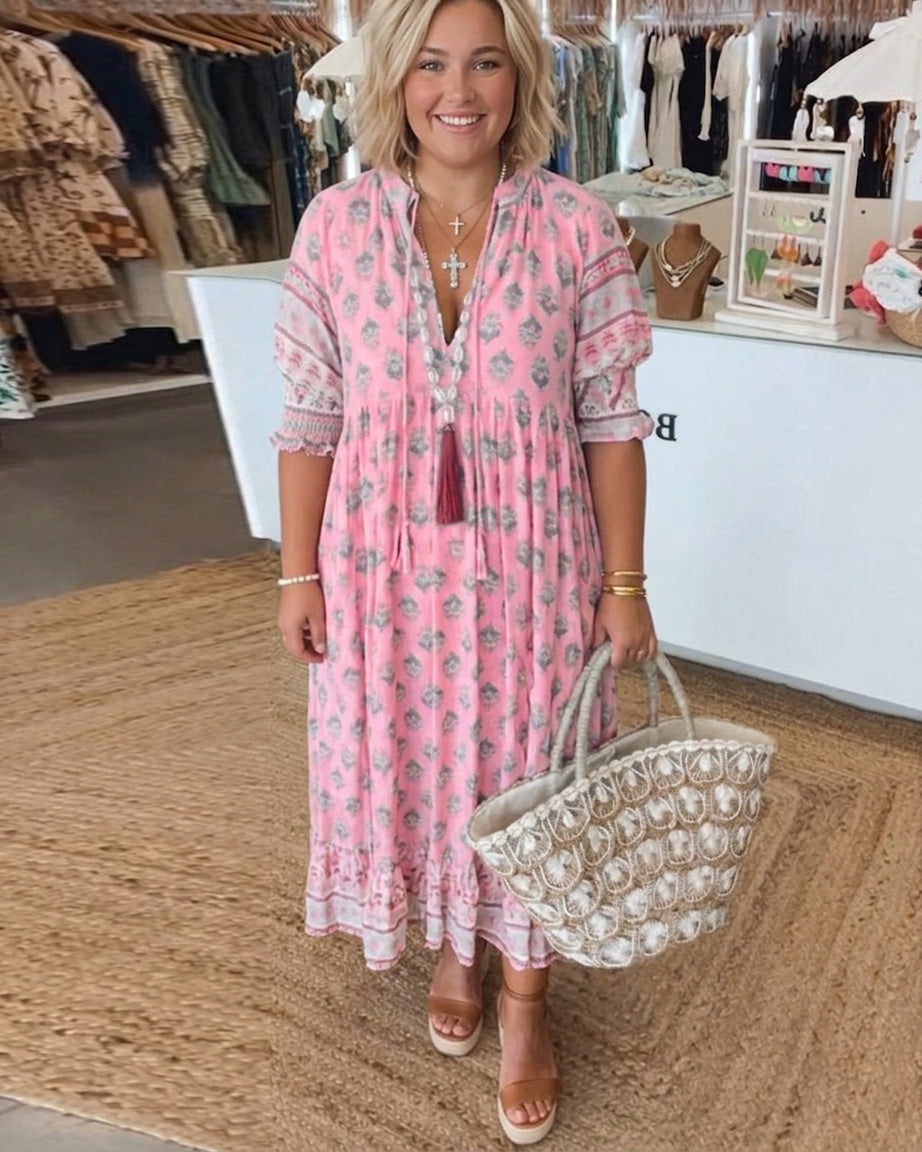 Women's Bohemian Print Midi Dress with Tummy Coverage