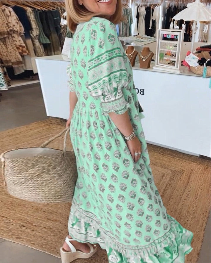 Women's Bohemian Print Midi Dress with Tummy Coverage