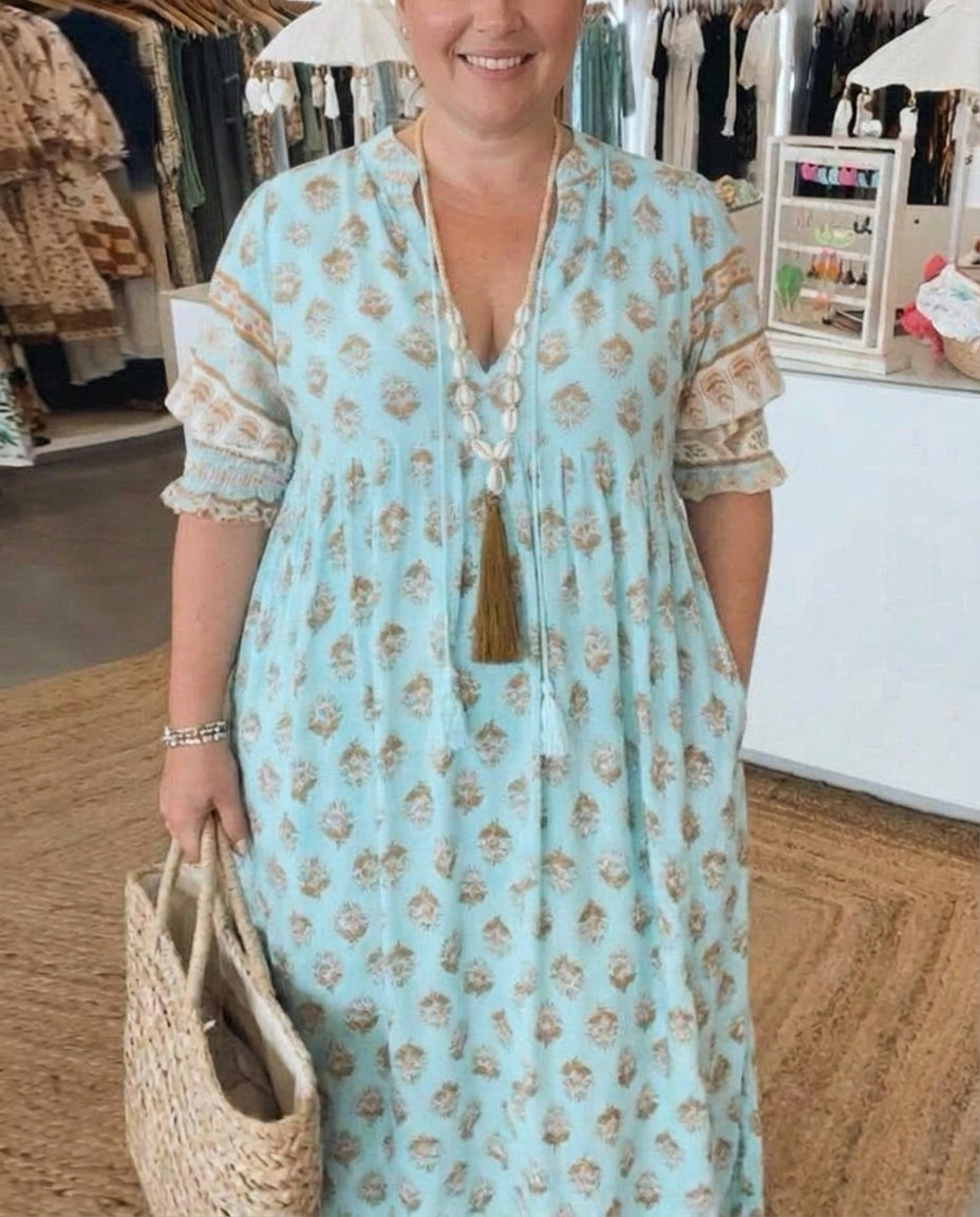 Women's Bohemian Print Midi Dress with Tummy Coverage