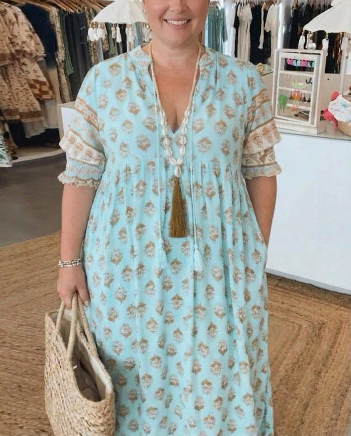 Women's Bohemian Print Midi Dress with Tummy Coverage