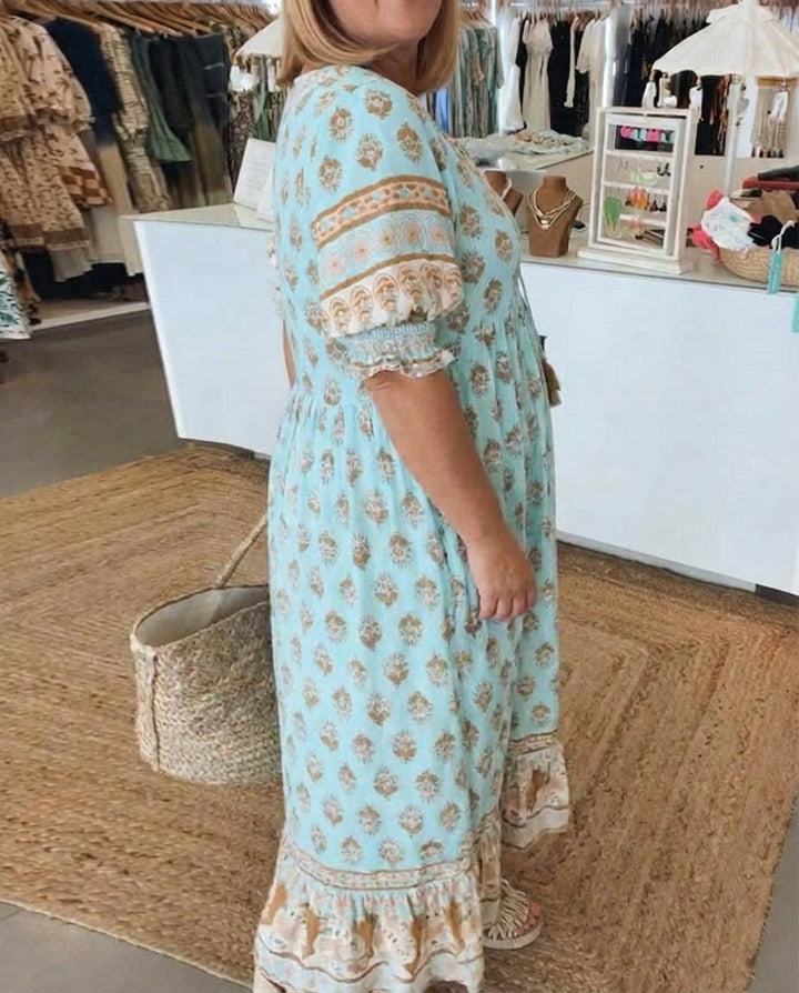 Women's Bohemian Print Midi Dress with Tummy Coverage