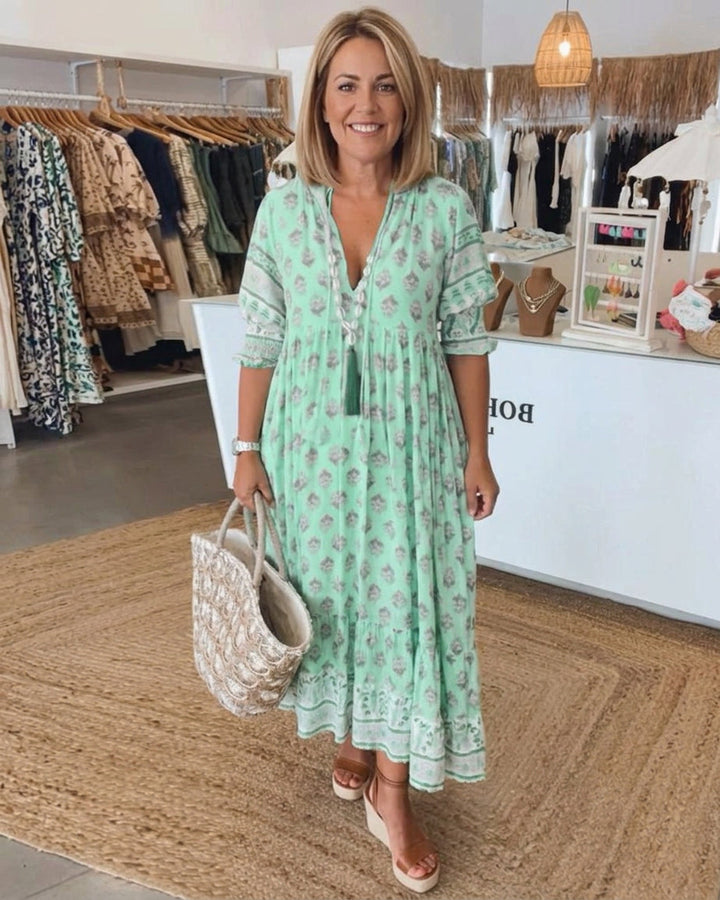 Women's Bohemian Print Midi Dress with Tummy Coverage