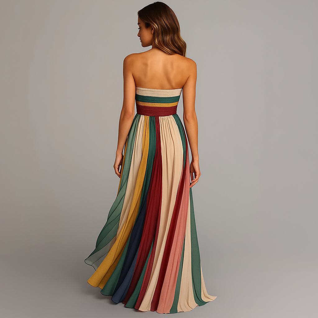 Women's Strapless Striped Pleated Maxi Dress Summer Wedding