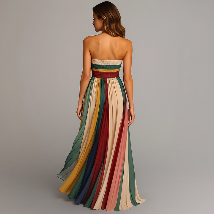 Women's Strapless Striped Pleated Maxi Dress Summer Wedding