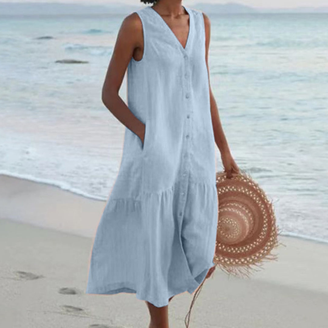 Women's Linen V-Neck Button Front Tiered Sleeveless Midi Dress