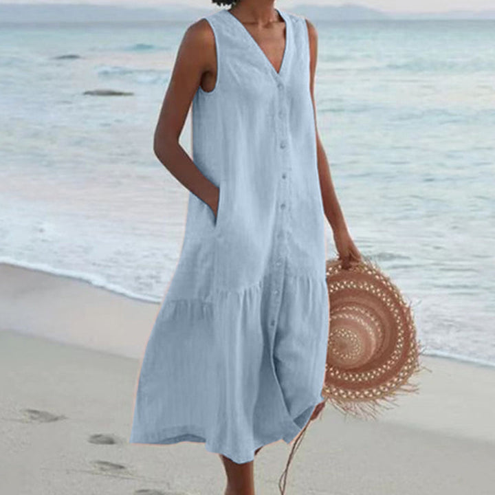 Women's Linen V-Neck Button Front Tiered Sleeveless Midi Dress