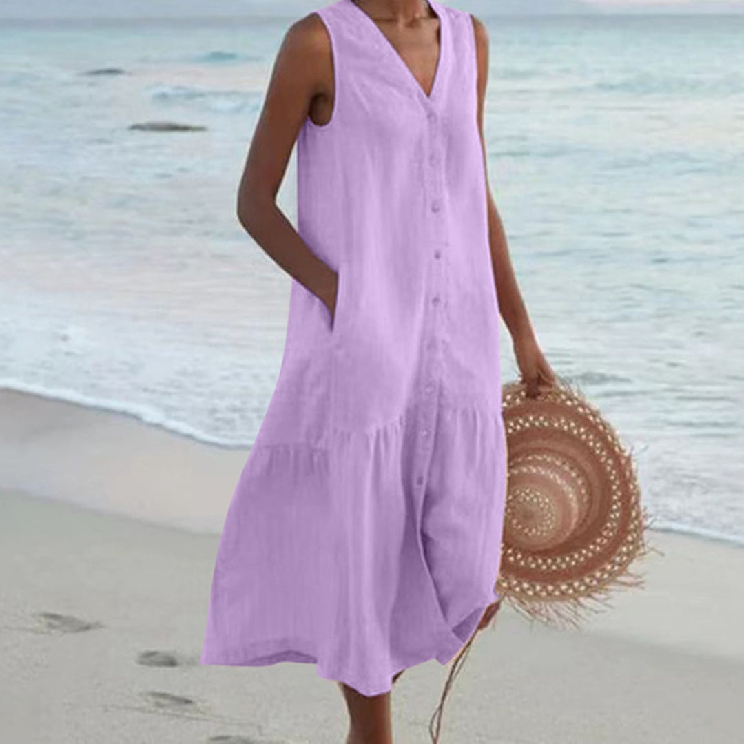 Women's Linen V-Neck Button Front Tiered Sleeveless Midi Dress