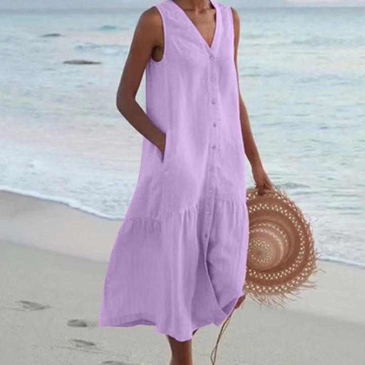 Women's Linen V-Neck Button Front Tiered Sleeveless Midi Dress