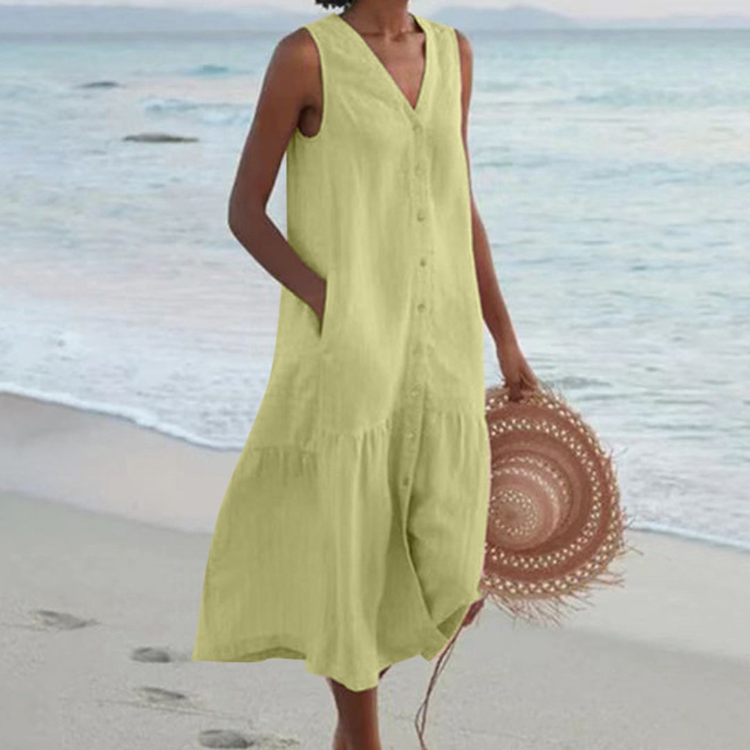 Women's Linen V-Neck Button Front Tiered Sleeveless Midi Dress