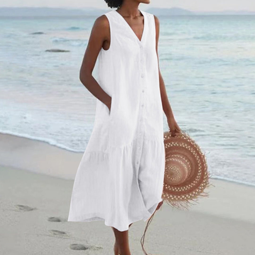 Women's Linen V-Neck Button Front Tiered Sleeveless Midi Dress