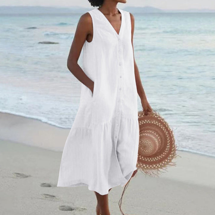 Women's Linen V-Neck Button Front Tiered Sleeveless Midi Dress